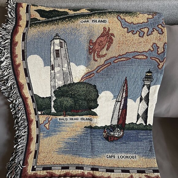 Lighthouses Of North Carolina Tapestry Throw Blanket With Coastal Design Fringed - Picture 4 of 4